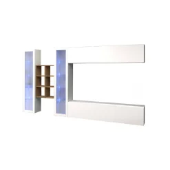 Parete attrezzata Alezio, cm 280x30h180, Bianco lucido e Acero<Dmora Best