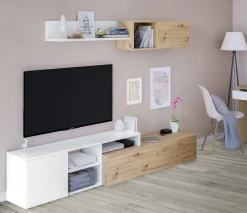 Parete attrezzata Aligator, 220x40h44 cm, Rovere effetto nodi e Bianco<Dmora Fashion