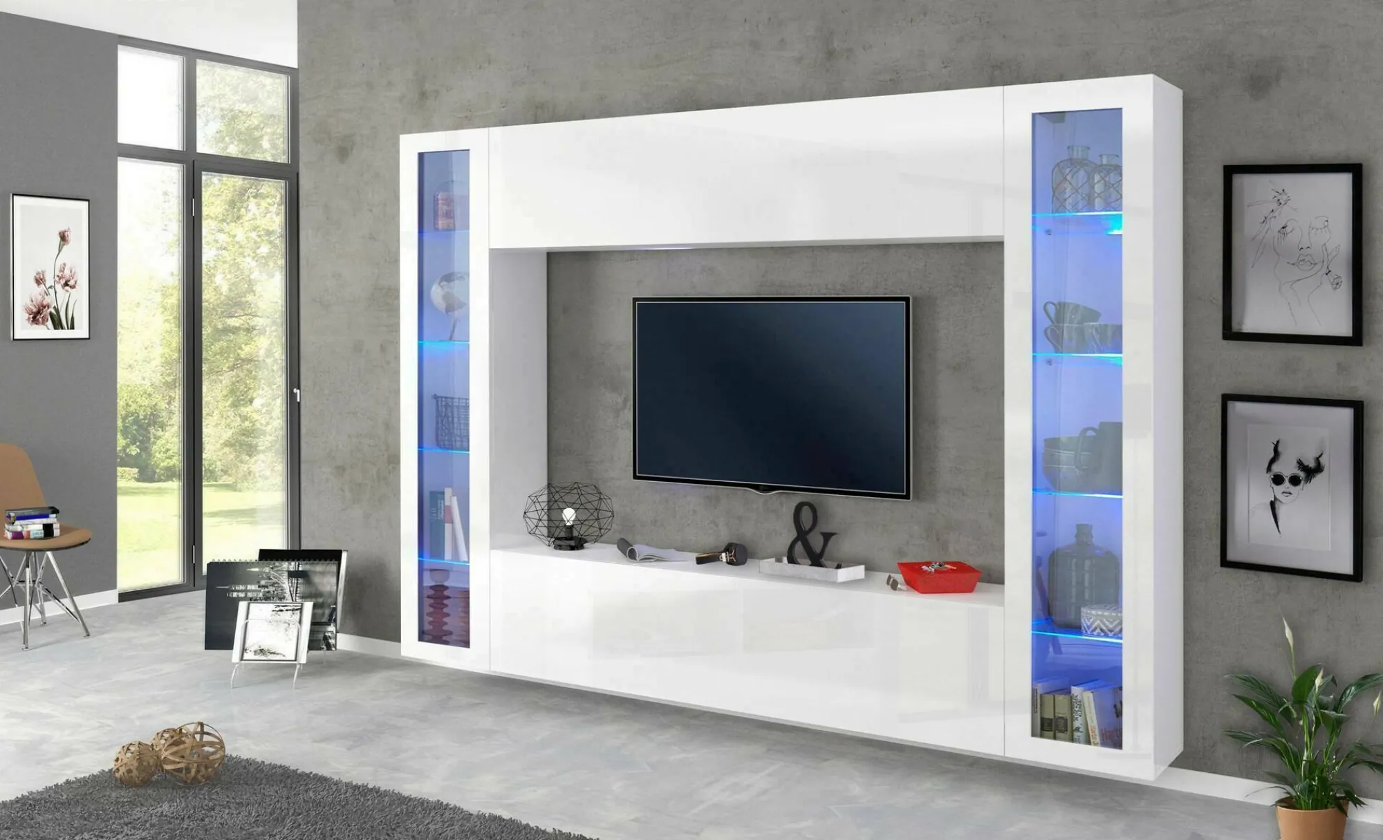 Parete attrezzata Amel, , con luce LED blu e due vetrine<Dmora Store