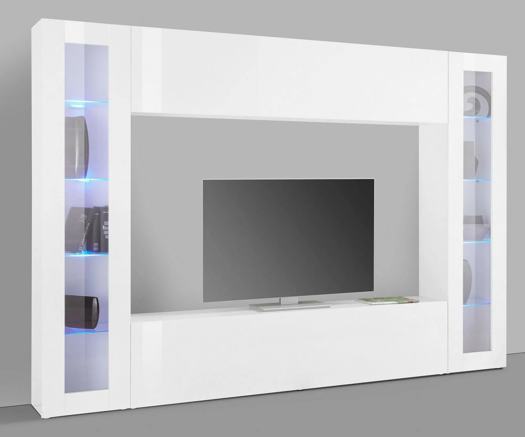 Parete attrezzata Amel, , con luce LED blu e due vetrine<Dmora Store