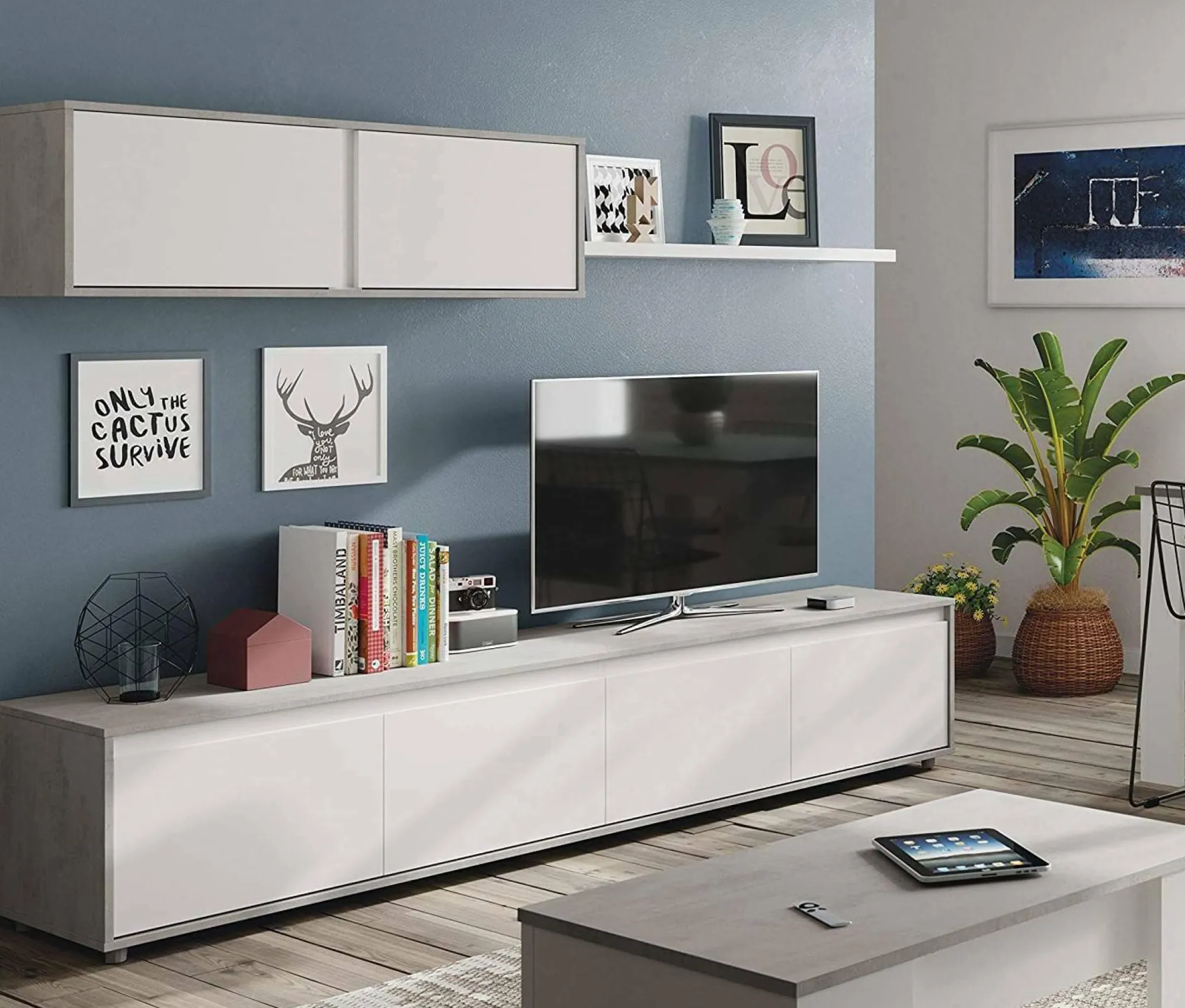 Parete attrezzata Amir, 200x41h43 cm, Bianco e Cemento<Dmora Best