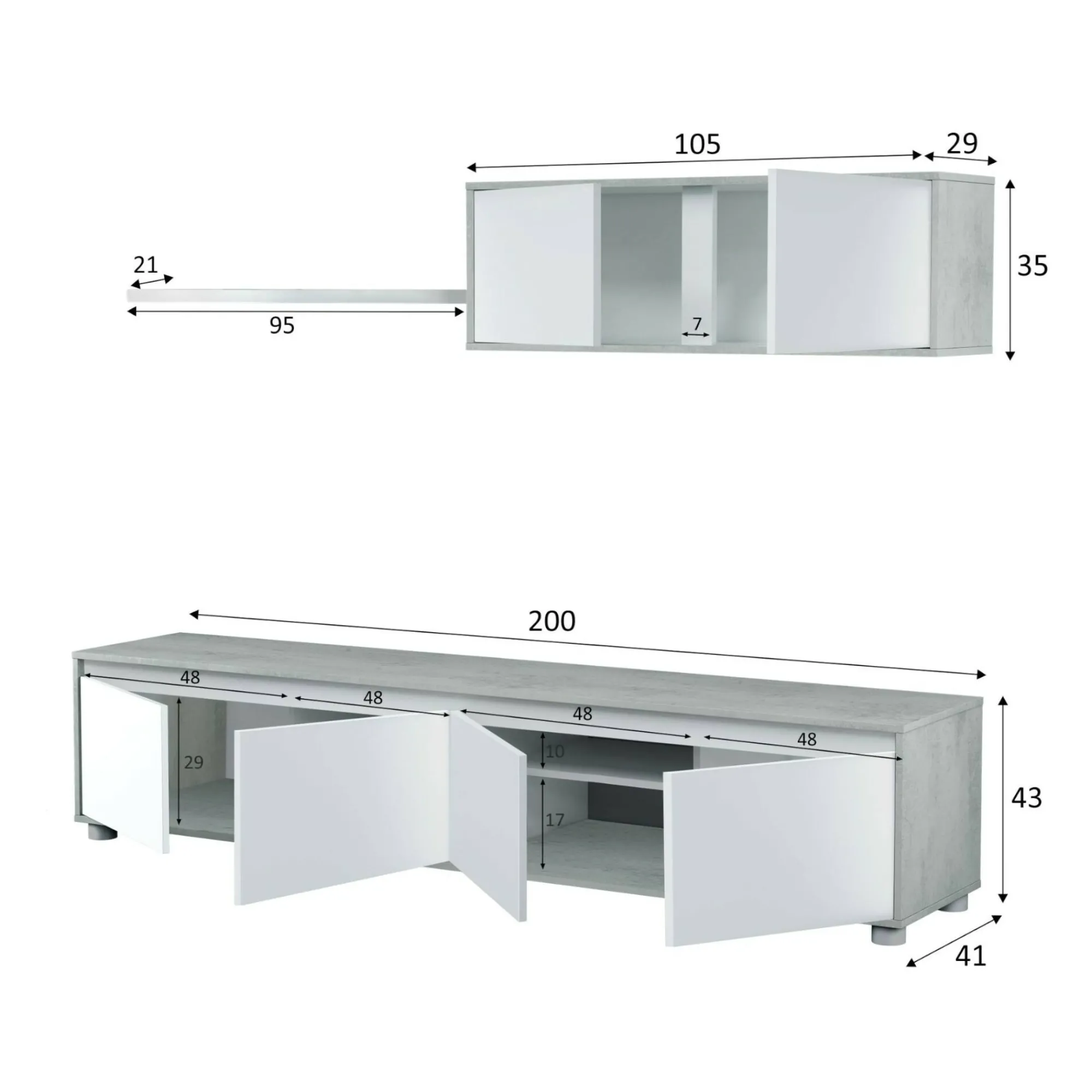 Parete attrezzata Amir, 200x41h43 cm, Bianco e Cemento<Dmora Best
