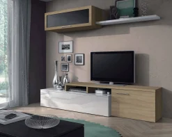 Parete attrezzata Amitraz, 200x41h44 cm, Rovere e Bianco lucido<Dmora Flash Sale