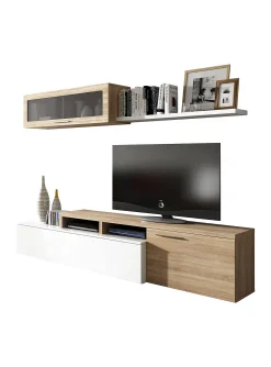 Parete attrezzata Amitraz, 200x41h44 cm, Rovere e Bianco lucido<Dmora Flash Sale