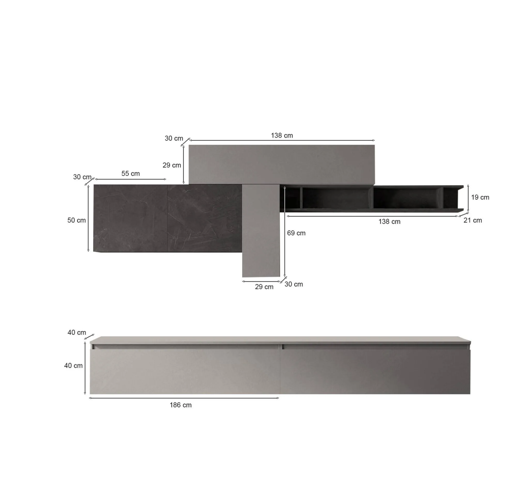 Parete attrezzata Anacamptis, 276x40 h180 cm, Ardesia e Grigio scuro<Dmora New