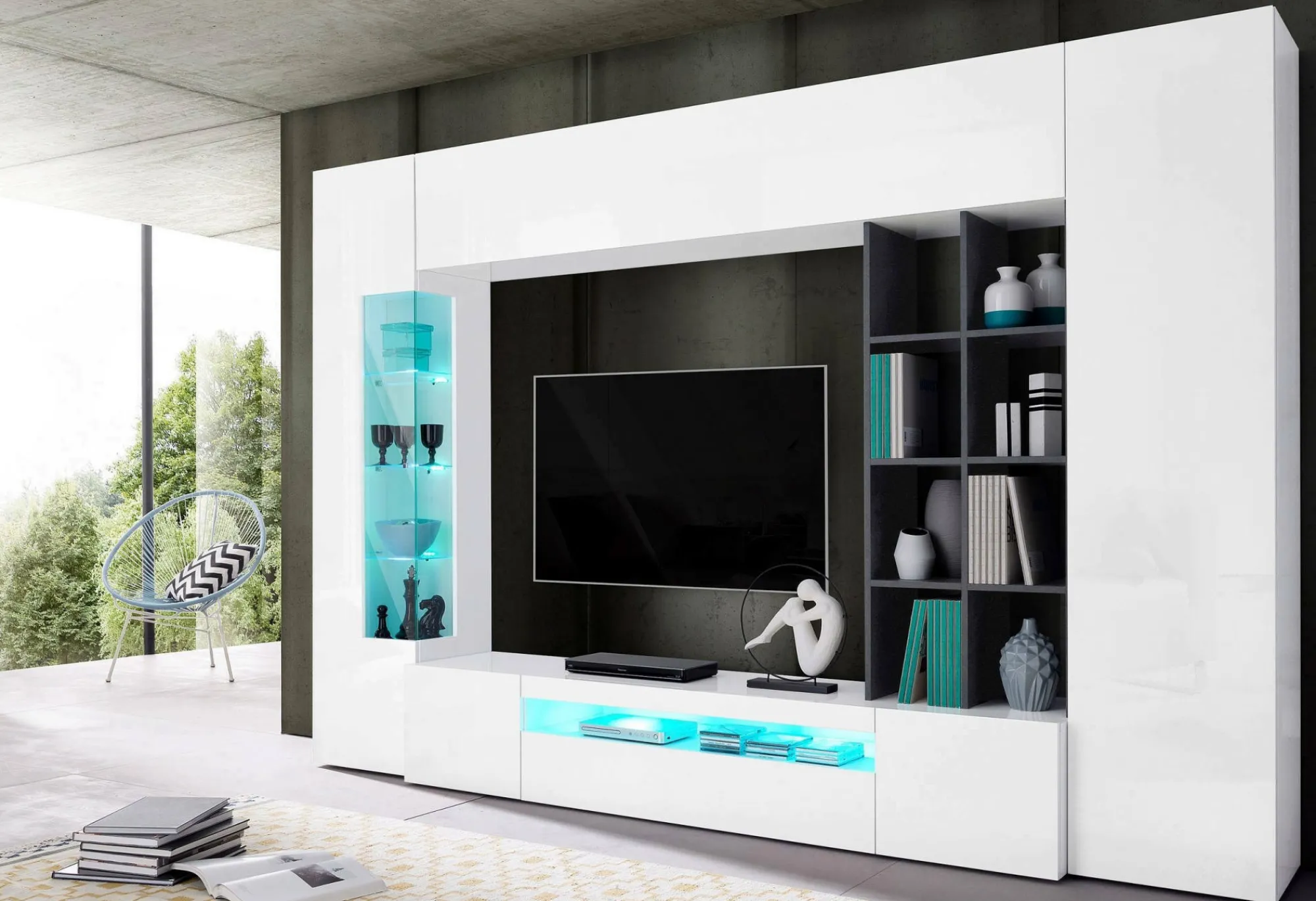 Parete attrezzata Andy, cm 290x40h192, Bianco lucido e Ardesia<Dmora Outlet