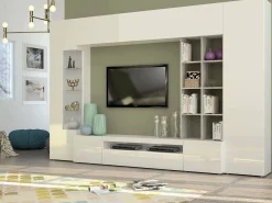 Parete attrezzata Andy, cm 290x40h192, Bianco lucido e Cemento<Dmora Cheap
