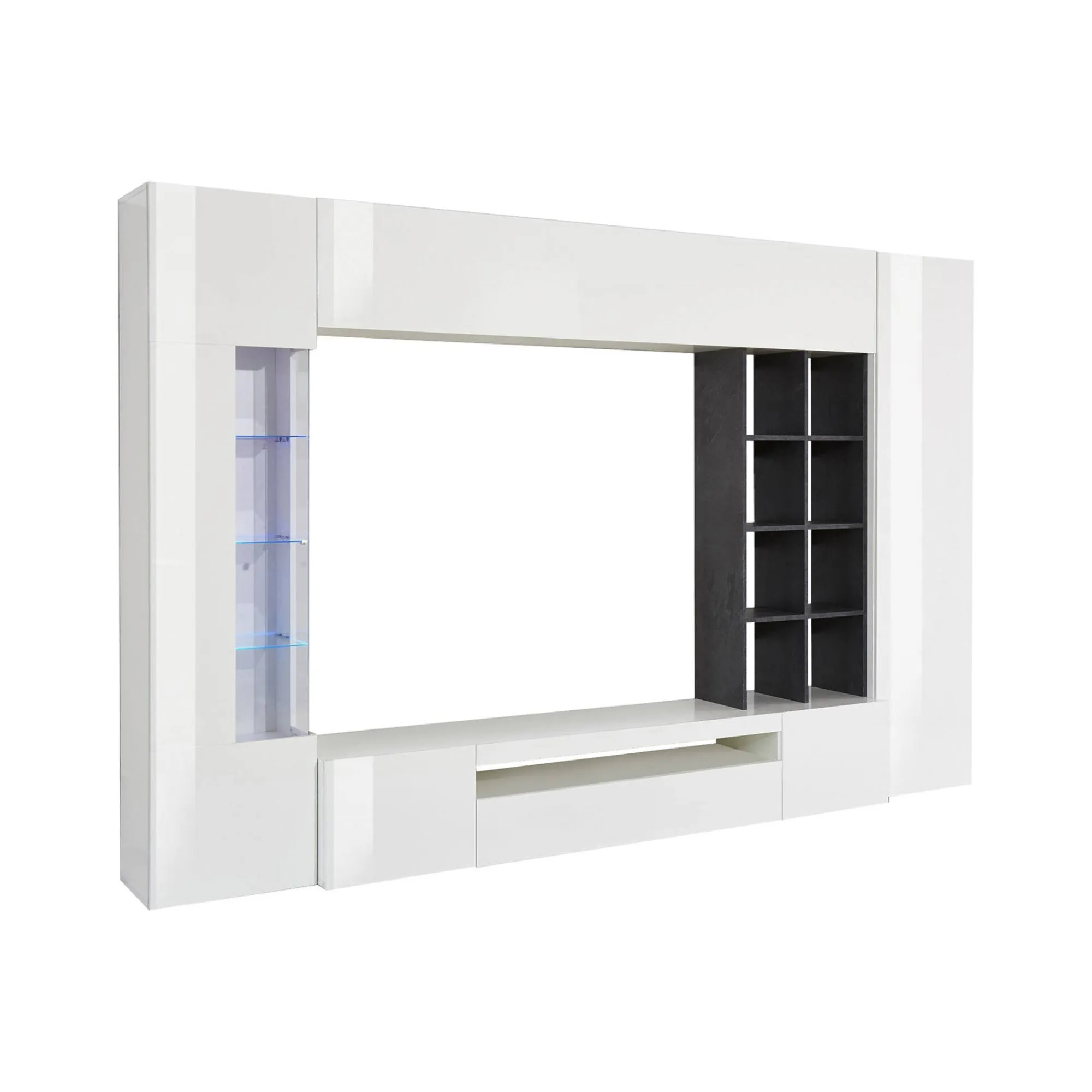 Parete attrezzata Andy, cm 290x40h192, Bianco lucido e Ardesia<Dmora Outlet