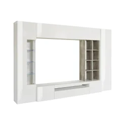 Parete attrezzata Andy, cm 290x40h192, Bianco lucido e Cemento<Dmora Cheap