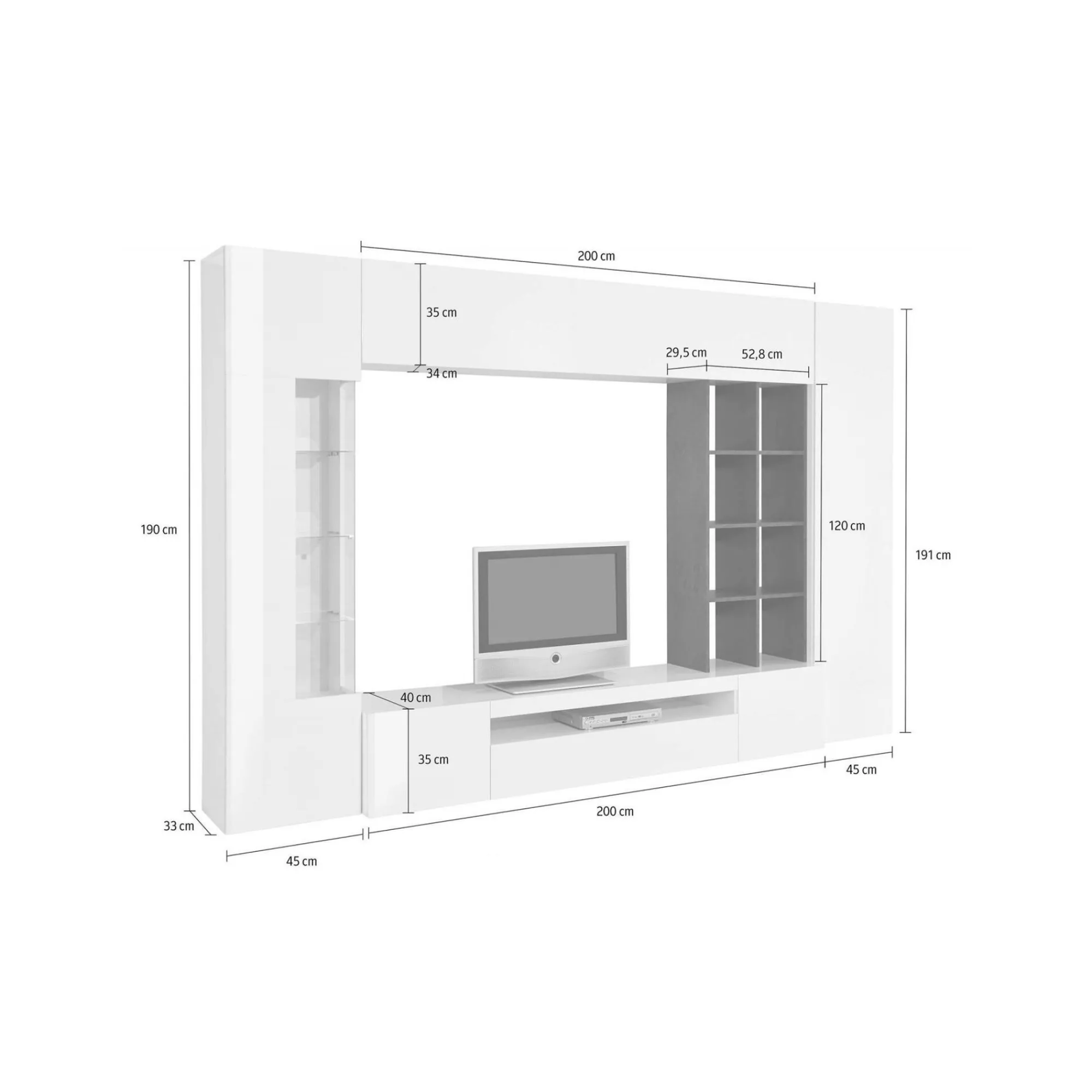 Parete attrezzata Andy, cm 290x40h192, Bianco lucido e Ardesia<Dmora Outlet