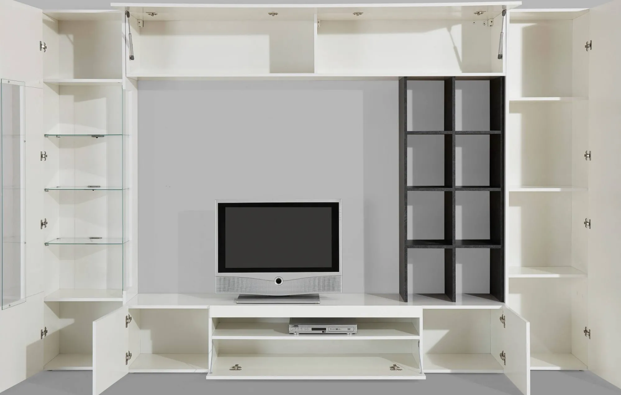 Parete attrezzata Andy, cm 290x40h192, Bianco lucido e Ardesia<Dmora Outlet