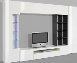 Parete attrezzata Andy, cm 290x40h192, Bianco lucido e Ardesia<Dmora Outlet