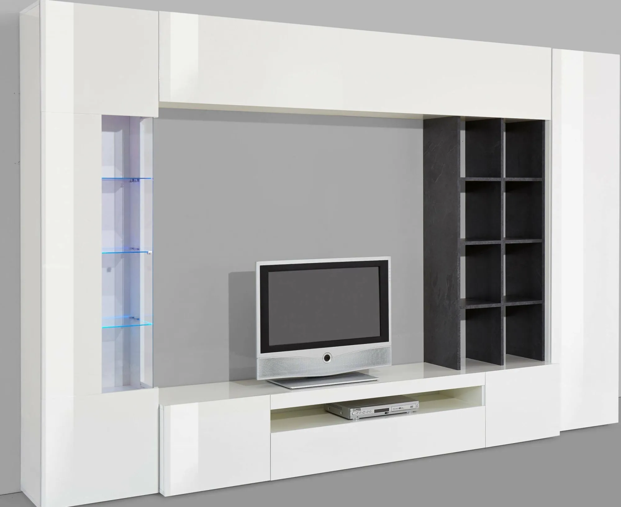 Parete attrezzata Andy, cm 290x40h192, Bianco lucido e Ardesia<Dmora Outlet