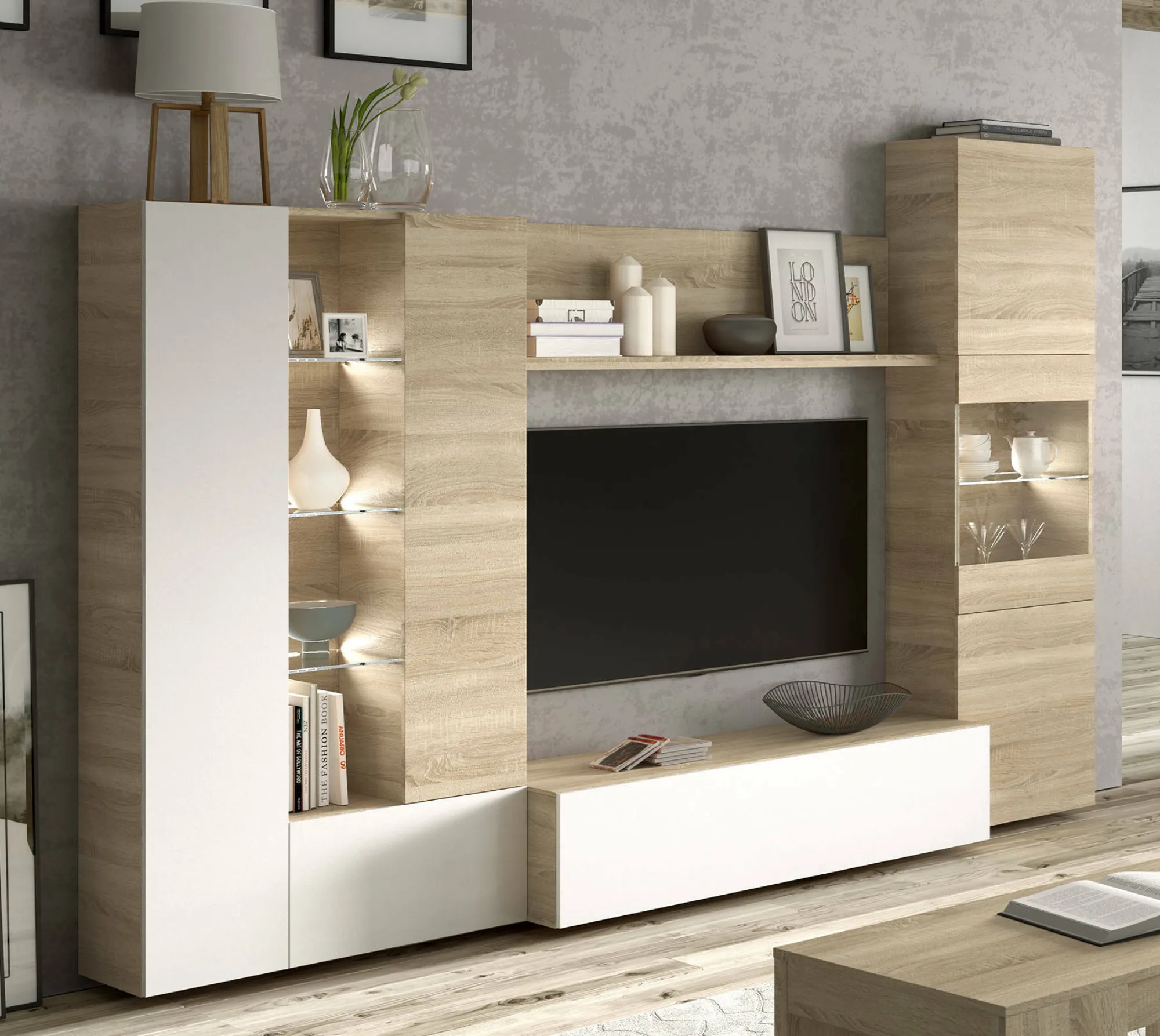 Parete attrezzata Angioletto, 260x42h185 cm, Rovere e Bianco<Dmora Fashion