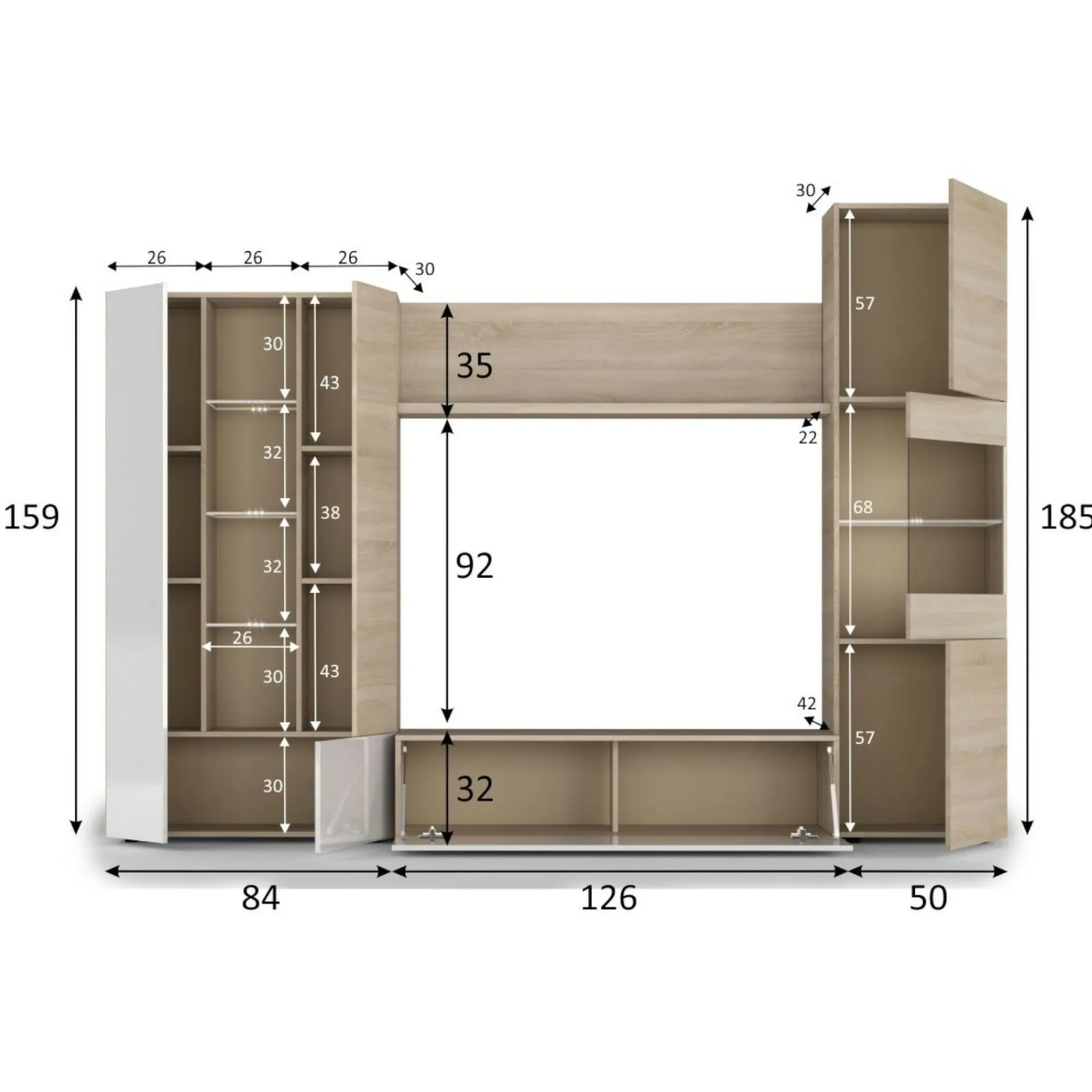 Parete attrezzata Angioletto, 260x42h185 cm, Rovere e Bianco<Dmora Fashion