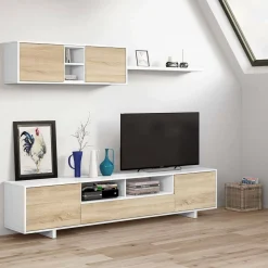 Parete attrezzata Angora, 260x41h46 cm, Bianco lucido e Rovere<Dmora Sale