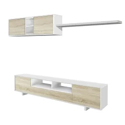 Parete attrezzata Angora, 260x41h46 cm, Bianco lucido e Rovere<Dmora Sale