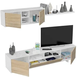 Parete attrezzata Angora, 260x41h46 cm, Bianco lucido e Rovere<Dmora Sale