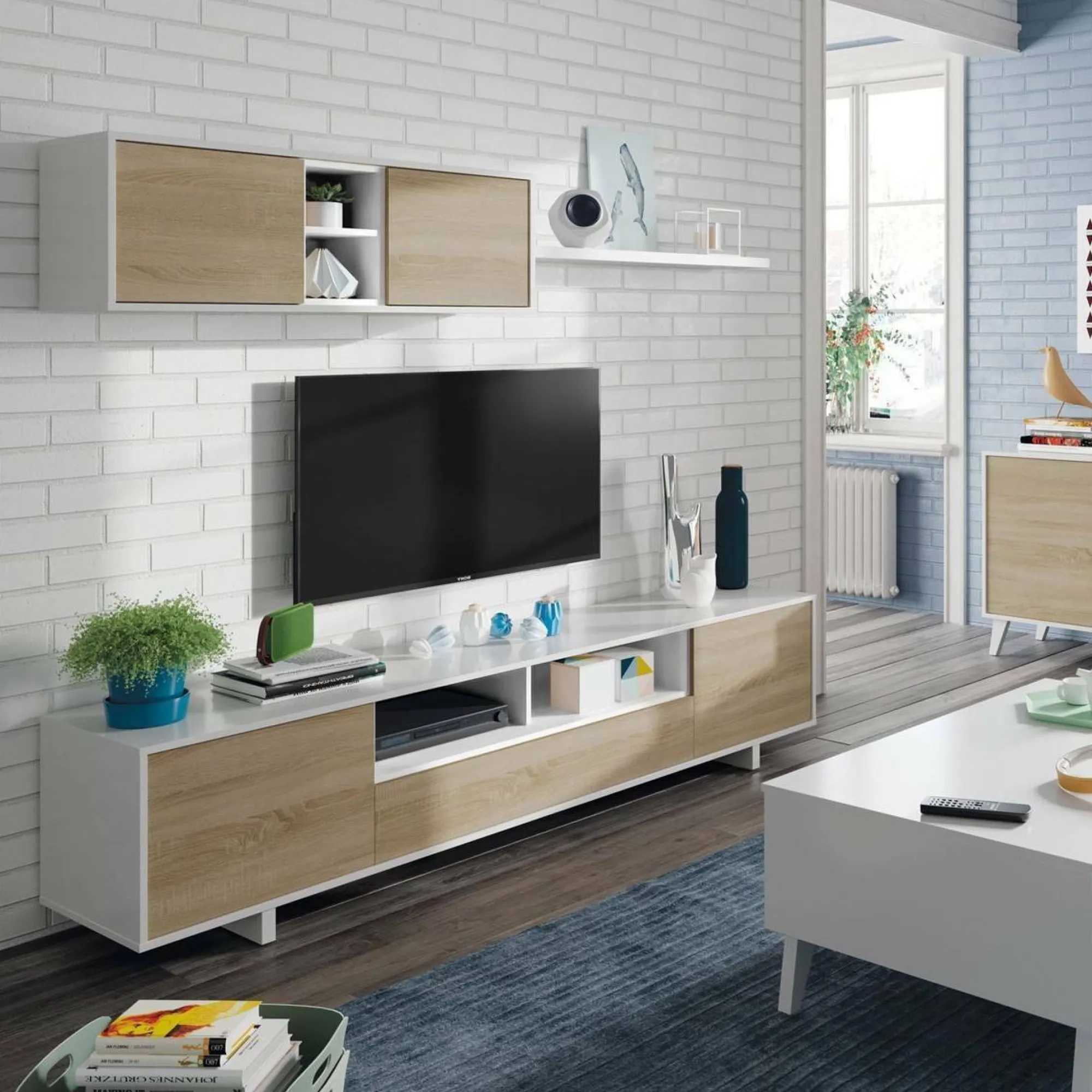Parete attrezzata Angora, 260x41h46 cm, Bianco lucido e Rovere<Dmora Sale