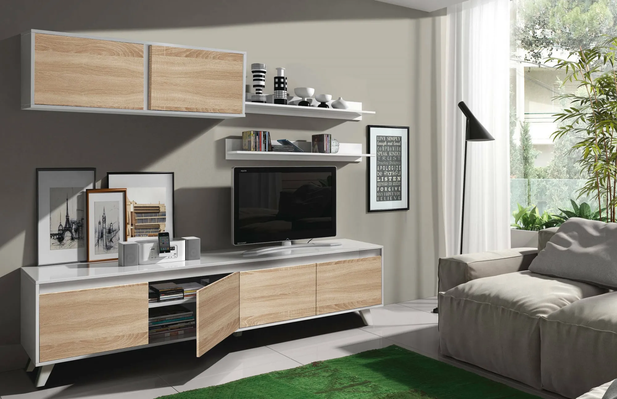 Parete attrezzata Anguria, 200x50h41 cm, Bianco e Rovere<Dmora Sale