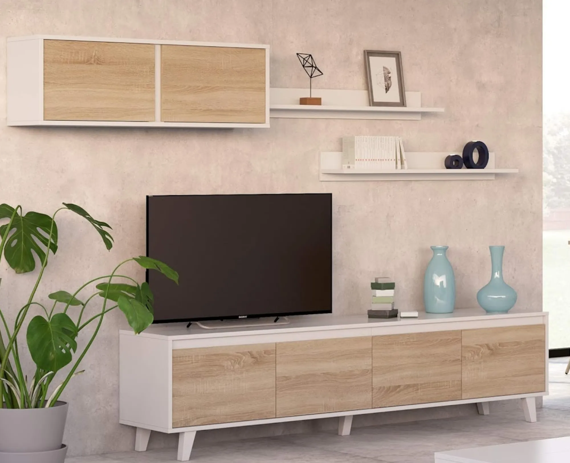 Parete attrezzata Anguria, 200x50h41 cm, Bianco e Rovere<Dmora Sale