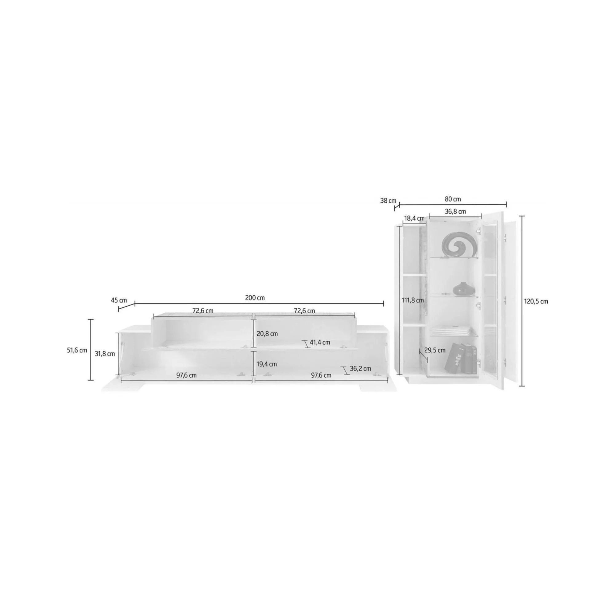 Parete attrezzata Anisia, cm 280x45h121, Bianco lucido e Ardesia<Dmora Store