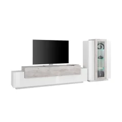 Parete attrezzata Anisia, cm 280x45h121, Bianco lucido e Cemento<Dmora New