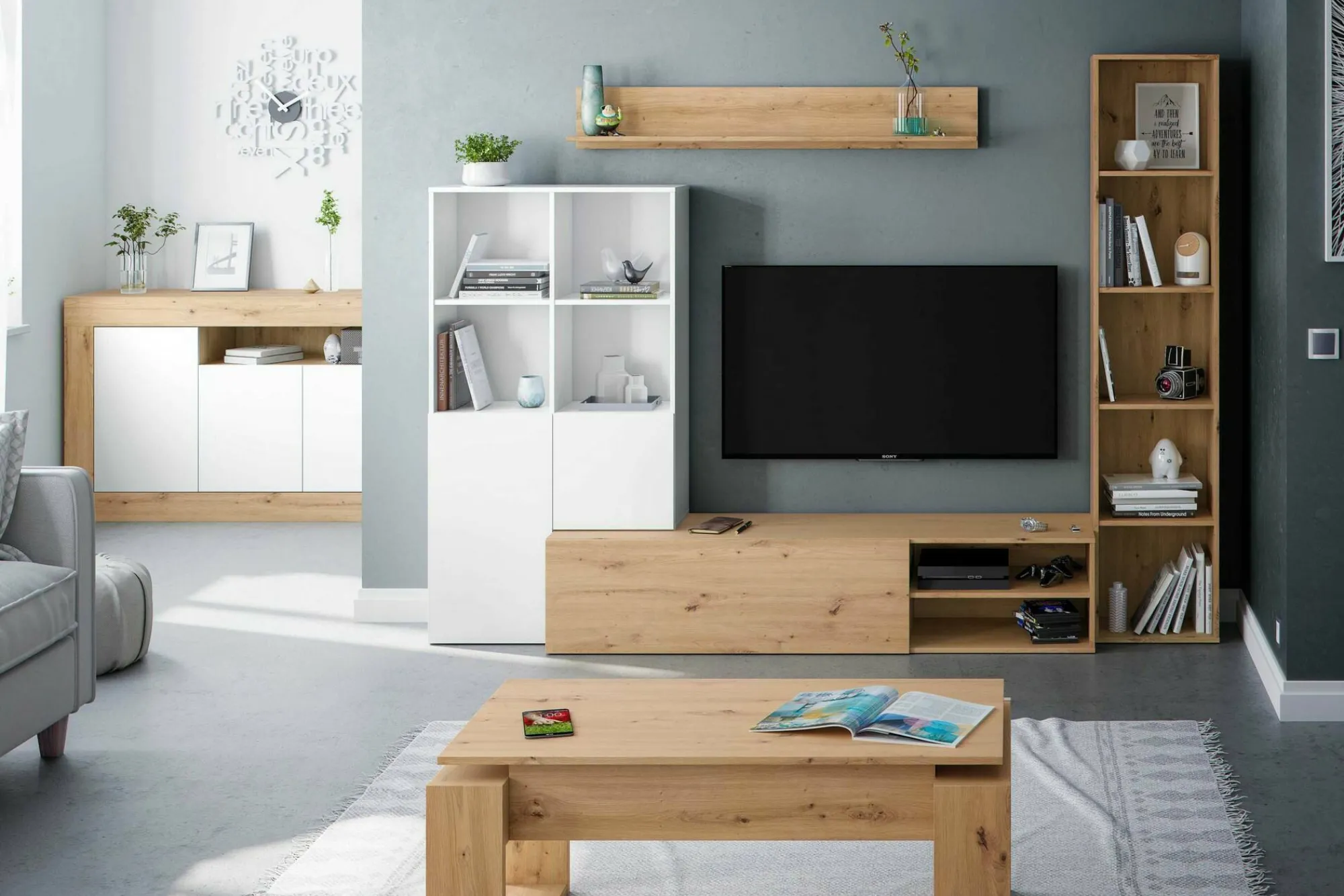 Parete attrezzata Argus, 241x28h180 cm, Bianco e Rovere Nodi<Dmora Store