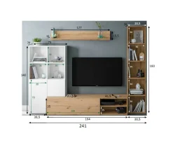 Parete attrezzata Argus, 241x28h180 cm, Bianco e Rovere Nodi<Dmora Store
