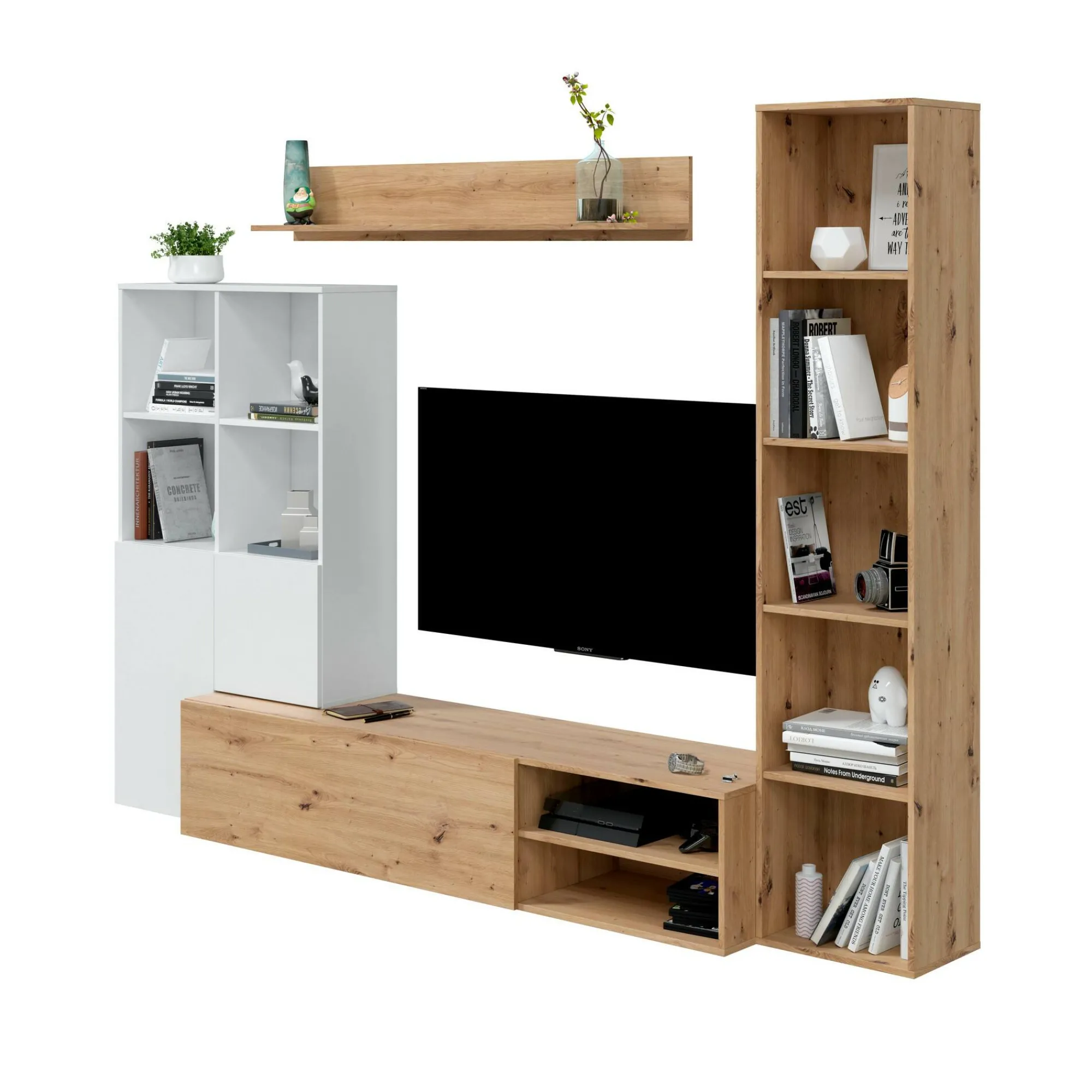 Parete attrezzata Argus, 241x28h180 cm, Bianco e Rovere Nodi<Dmora Store