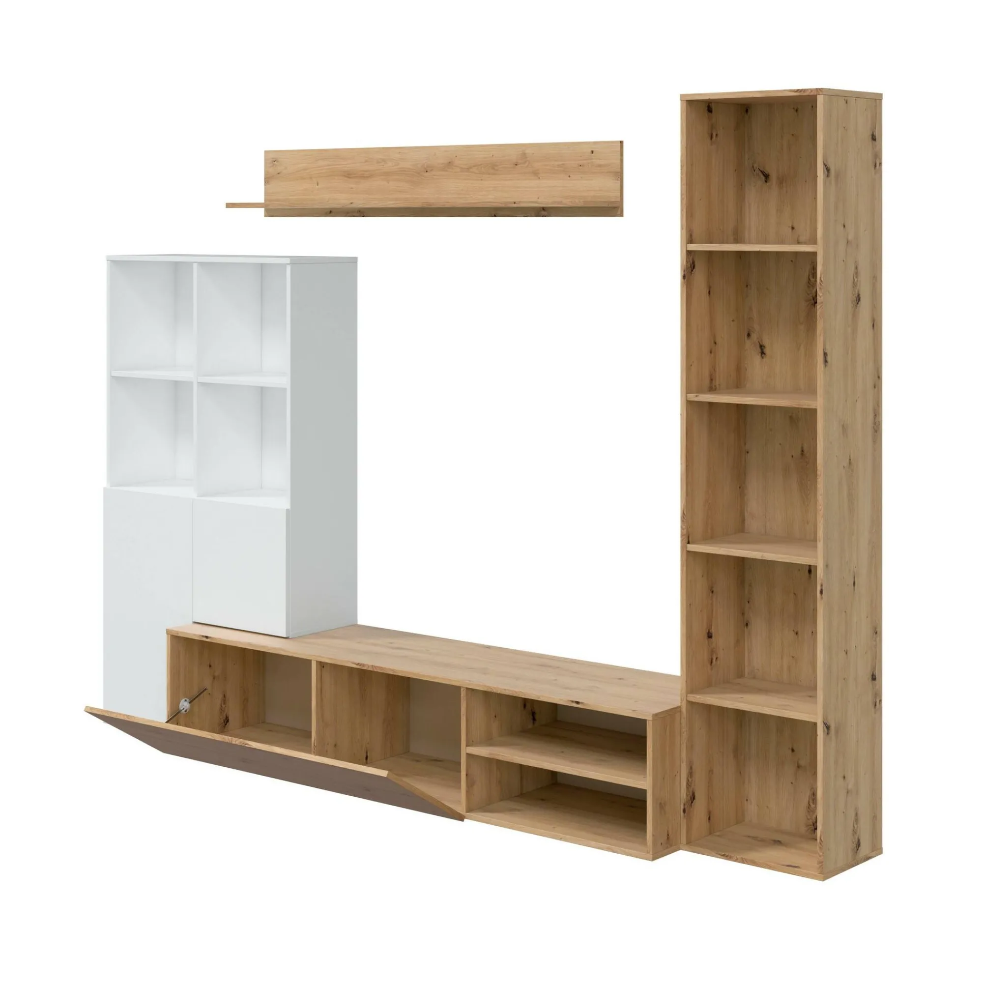 Parete attrezzata Argus, 241x28h180 cm, Bianco e Rovere Nodi<Dmora Store