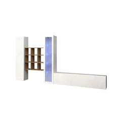 Parete attrezzata Arizzano, cm 310x30h180, Bianco lucido e Acero<Dmora New