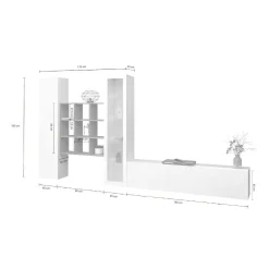 Parete attrezzata Arizzano, cm 310x30h180, Bianco lucido e Acero<Dmora New