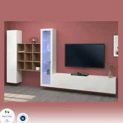 Parete attrezzata Arizzano, cm 310x30h180, Bianco lucido e Acero<Dmora New