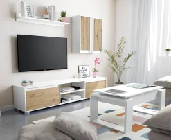 Parete attrezzata Astulo, 200x40h114 cm, Bianco e Rovere<Dmora Flash Sale