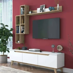 Parete attrezzata Atax, 180x35h49 cm, Bianco e Rovere<Dmora Sale