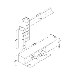 Parete attrezzata Atax, 180x35h49 cm, Bianco e Rovere<Dmora Sale