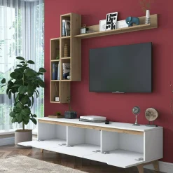 Parete attrezzata Atax, 180x35h49 cm, Bianco e Rovere<Dmora Sale