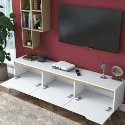Parete attrezzata Atax, 180x35h49 cm, Bianco e Rovere<Dmora Sale