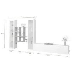 Parete attrezzata Atella, cm 350x30h180, Bianco lucido e Acero<Dmora Clearance