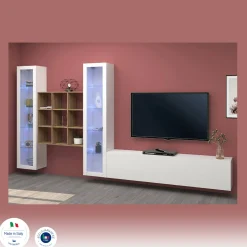 Parete attrezzata Atella, cm 350x30h180, Bianco lucido e Acero<Dmora Clearance