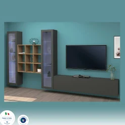 Parete attrezzata Atella, cm 350x30h180, Antracite e Acero<Dmora Cheap