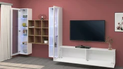 Parete attrezzata Atella, cm 350x30h180, Bianco lucido e Acero<Dmora Clearance