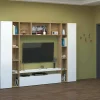 Parete attrezzata Austis, cm 270x35h210, Bianco lucido e Rovere<Dmora Fashion
