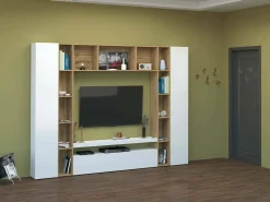 Parete attrezzata Austis, cm 270x35h210, Bianco lucido e Rovere<Dmora Fashion