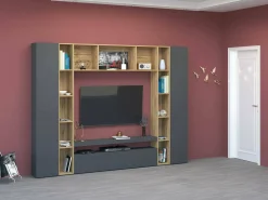 Parete attrezzata Austis, cm 270x35h210, Antracite e Rovere<Dmora Online