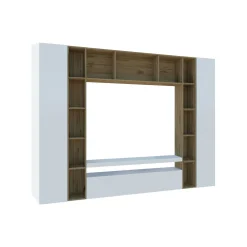 Parete attrezzata Austis, cm 270x35h210, Bianco lucido e Rovere<Dmora Fashion