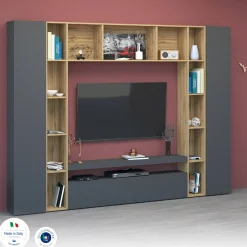 Parete attrezzata Austis, cm 270x35h210, Antracite e Rovere<Dmora Online