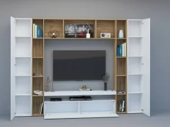 Parete attrezzata Austis, cm 270x35h210, Bianco lucido e Rovere<Dmora Fashion