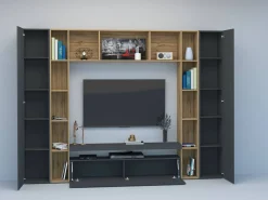 Parete attrezzata Austis, cm 270x35h210, Antracite e Rovere<Dmora Online